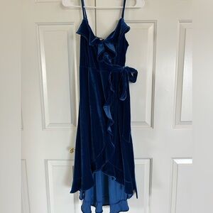 BCBG cocktail blue velvet mini dress wrap around